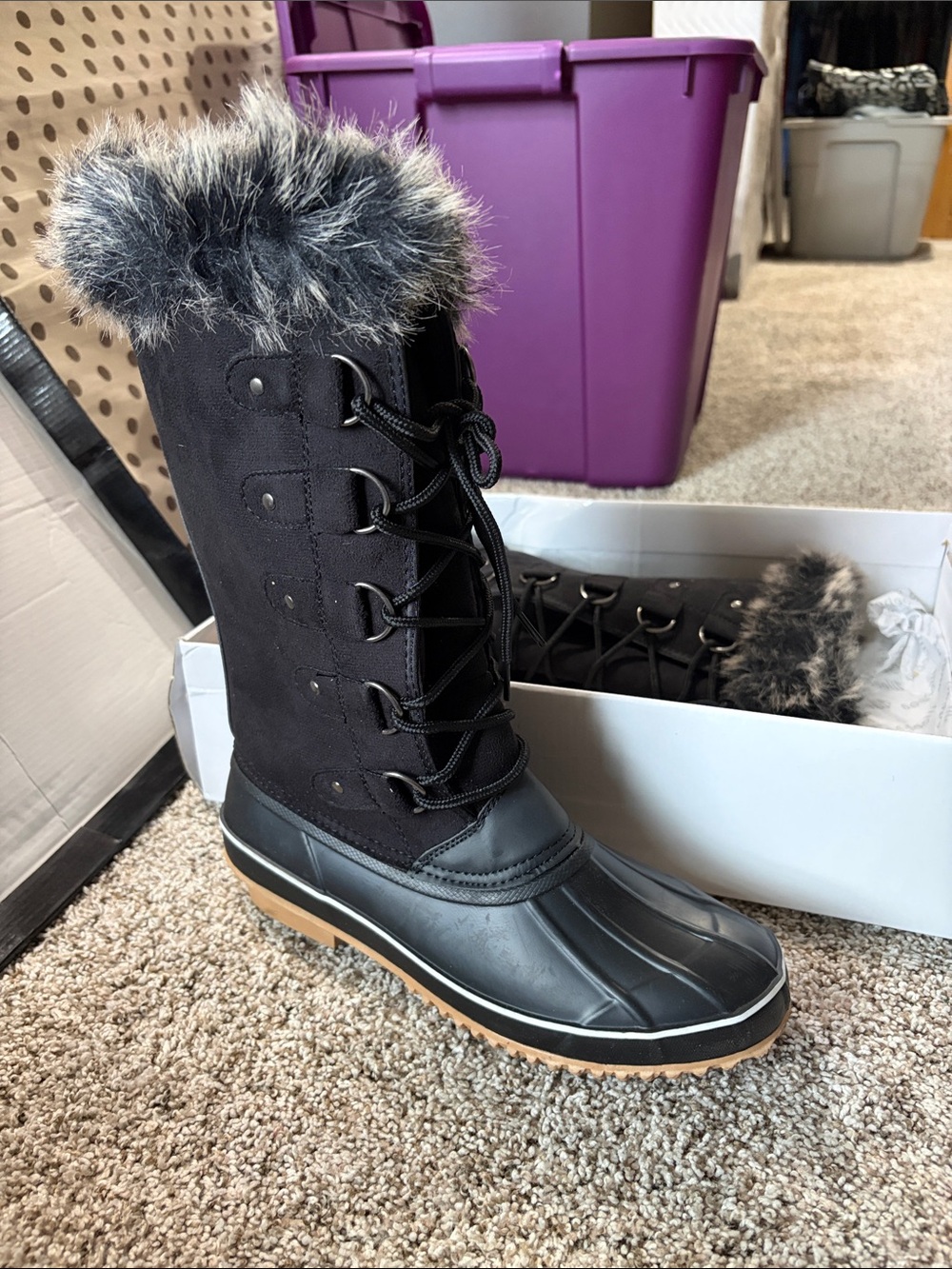Women's Black Faux-Fur Lace-Up Winter Snow Boots
